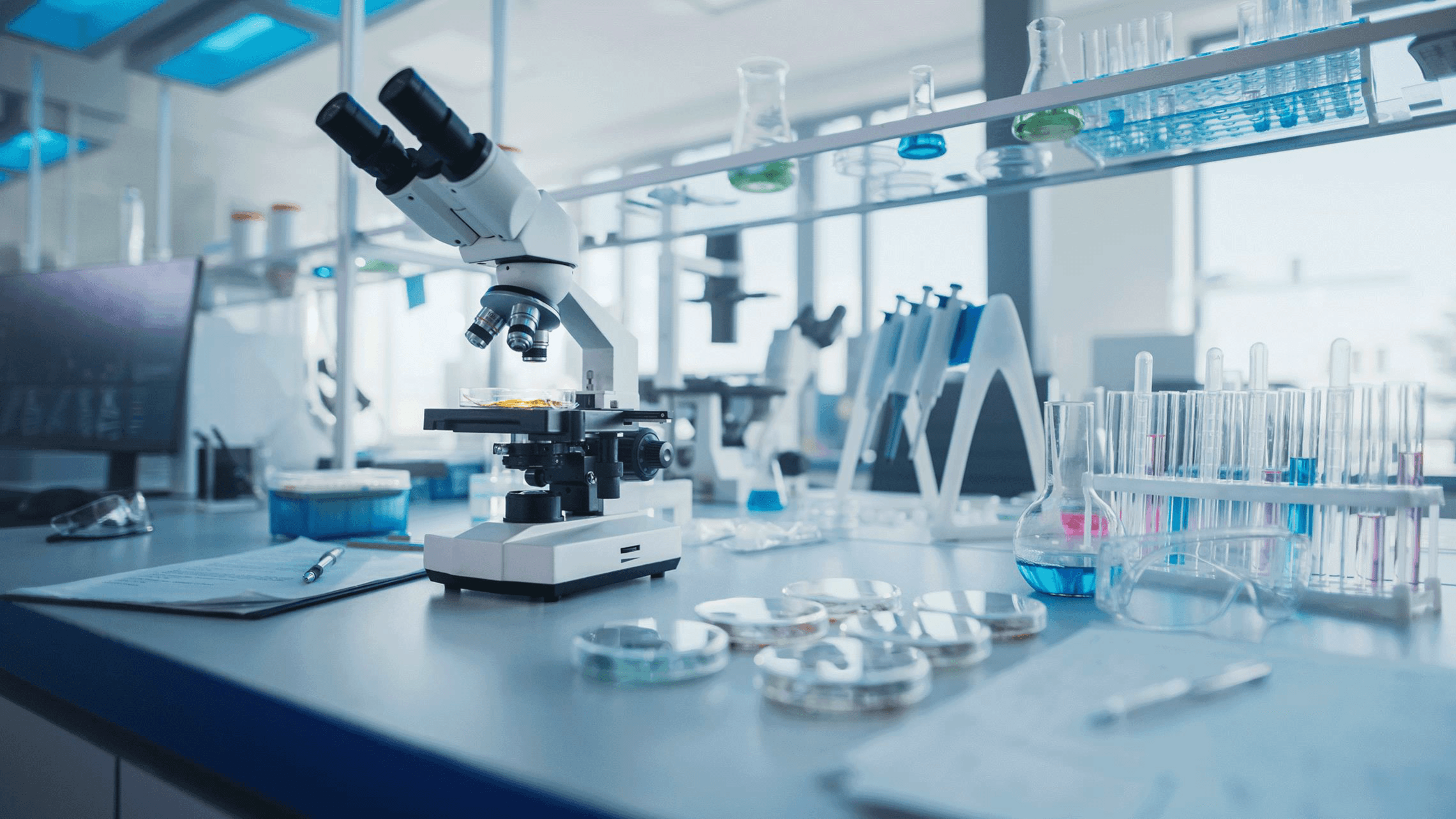 Modern laboratory with a microscope, test tubes, and analysis equipment